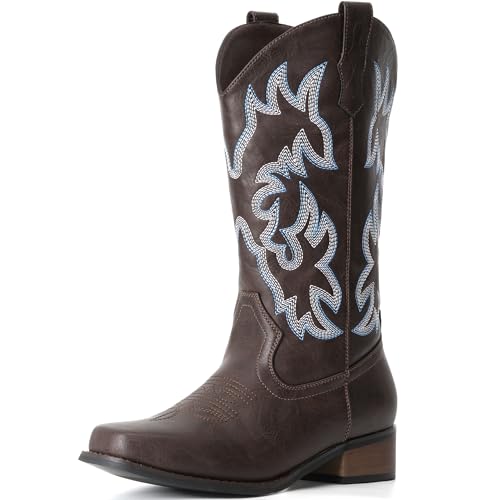 Image of IUV Cowboy Boots For Women Square Toe Wide Mid Calf Western Pull On Suede Fashion Black Brown Cowgirl Boots