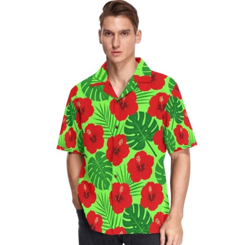 Chemise hawaïenne homme fleurs hibiscus rouge vert blanc motif tropical manches courtes boutonné
