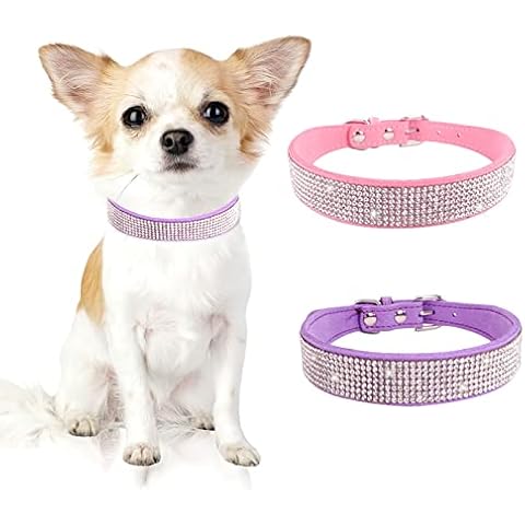 2 Pieces Chihuahua Collar, Dog Collars for Small Dogs Bling, Puppy Collars for Small Puppies Purple,Black Rhinestone Dog Collars Adjustable Soft Collars for Doggie Cat (XS(8"-10" Neck) Cover