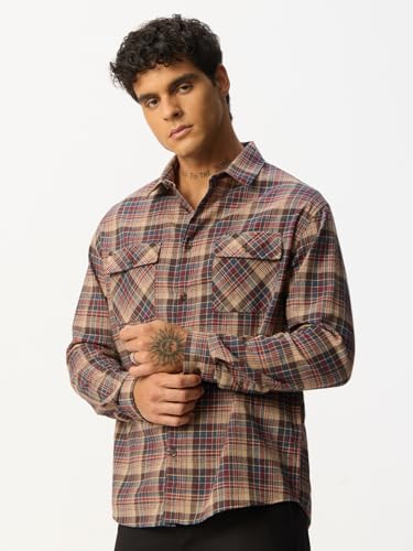 Image of The Souled Store: Blue Sails Men and Boys Long Sleeve Collared Neck Button Front Blue and Cream Checked Embroidered Regular Fit Cotton Linen Shirt