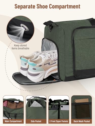 Image of Lekesky Foldable Travel Duffel Bag for Women, 80L Large Duffle Bag with Separate Shoes Compartments & Straps, Carry On Weekend Bag for Women, Hospital, Overnight(Green)