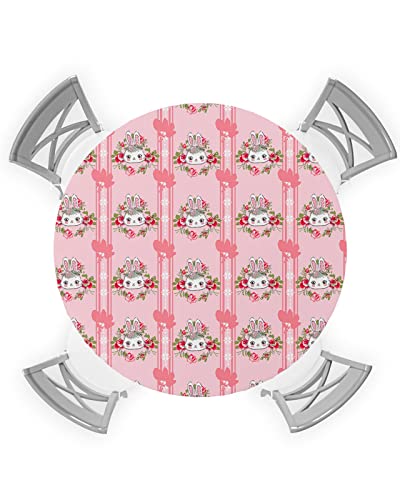 Bunny Round Tablecloth Fitted Table Cover, Elastic Tablecloths Waterproof Outdoor Indoor Stretch Cloth Tablecover For Dinner, Party, Shower, Easter Rabbits Spring Pink Flower Plant Leaves 45-54In #TOP20