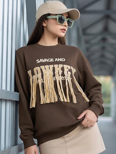 Image of Bewakoof Women's Embroidered Oversized Fit Full Sleeve Round Neck Cotton Blend Sweatshirt