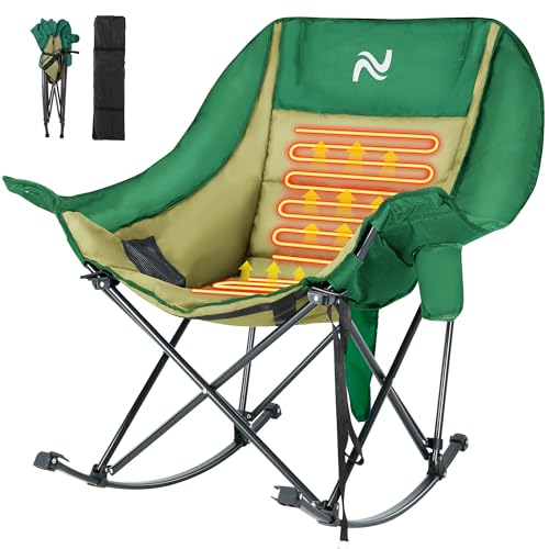 Image of Slsy Oversized Heated Rocking Camping Chair for Adults, 400 lbs Heavy Duty Padded Recliner with Side Pocket, Cup Holder & Carry Bag, Foldable Outdoor Lawn Chair for Patio, Backyard, or Camp