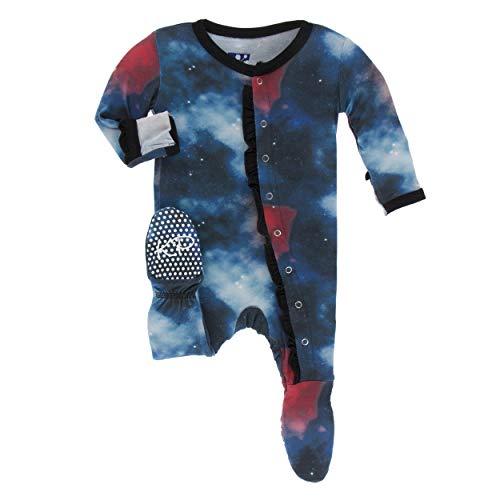 KicKee Pants Little Girls Print Classic Ruffle Footie with Snaps - Red Ginger Galaxy, Newborn