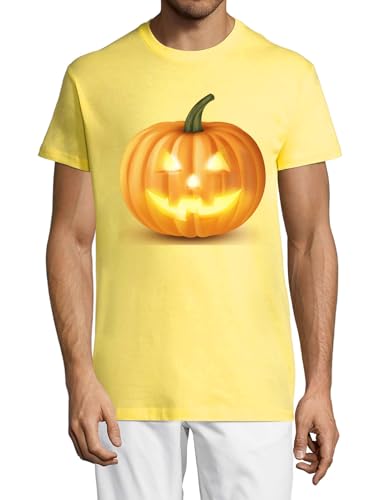 T-shirt Halloween jaune homme col rond motif monstre citrouille en coton respirant