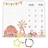 Farm Theme Baby Monthly Milestone Blanket, 48x40in Soft Flannel, Tractor and Barn Backgrounds, Newbo