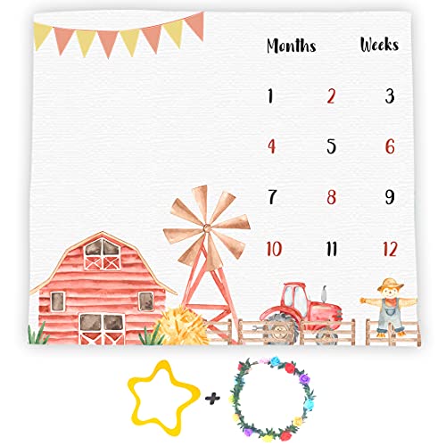 Image of F-FUN SOUL Monthly Milestone Blanket, 48x40in, Farm Baby Blankets, Tractor and Barn Nursery Swaddling Blankets, Newborn Mom Gifts, Baby Shower Age Growth Tracker with Bonus Maker
