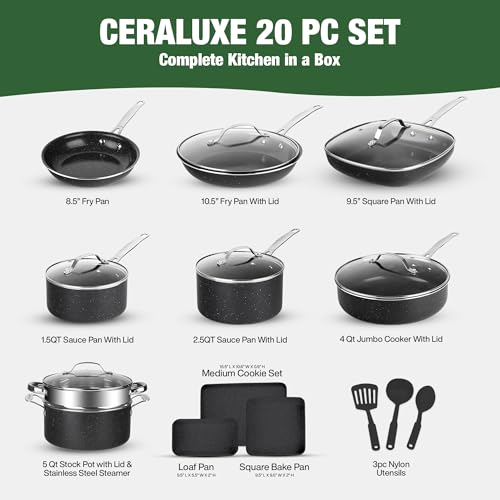 Granitestone 20 Pc Ceramic Cookware Set Nonstick, Complete Pots and Pans Set Non Stick for Kitchen with Bakeware, Cooking Utensils & Steamer, Non Toxic Made Without PFOA PFOS, Oven & Dishwasher Safe - Image 3