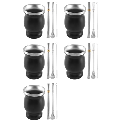 Tacdas 5X Juego de Tazas de Té Calabaza de Yerba Mate de Acero Inoxidable de Doble Pared, de Agua para Café con 10 Bombillas, Pajitas, Cuchara y Cepillo de Limpieza, 8 Onzas, Negro