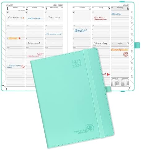 POPRUN Planner 2023-2024 (6.5'' x 8.5'') Academic Year Calendar (July 2023 - June 2024) with Hourly Time Slots, Monthly Weekly & Daily Organizer for time Management, Soft Leather Cover - Green