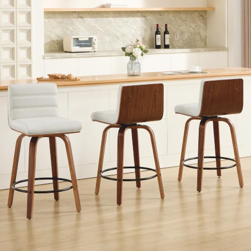 Image of Swivel Bar Stools Set of 3,26 inch Faux Leather Counter Height Barstools with Back,Mid Century Modern Upholstered Bar Chairs with Bentwood Legs Island Stools for Kitchen Counter White