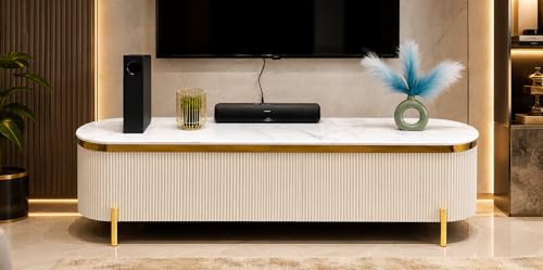 Image of Mazzo Modern TV Unit /Console - 70 inchx12 inchx18 inch White Marble Top with Golden Acrylic, Waterproof Plywood & Charcoal Louvers - Media Cabinet | Modern TV Stand Console Without Storage (White)