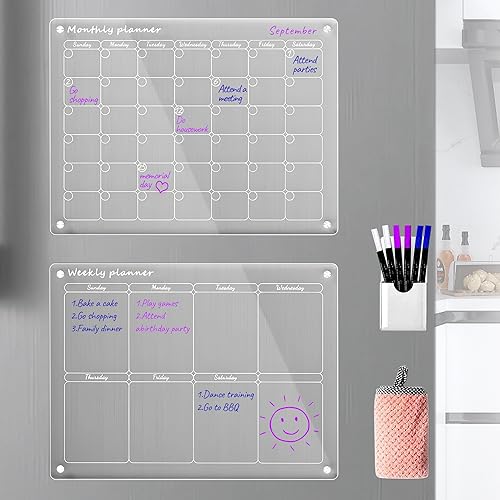 Magnetisk månads- och veckokalender i akryl för kylskåp, klar uppsättning av 2 torraderbara kalendrar, återanvändbar planerare, innehåller 6 torra raderbara pennor i 3 färger (40 x 30 cm)