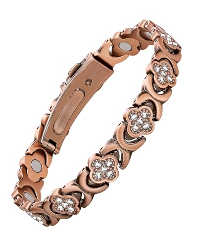 Feraco Pure Copper Bracelets for Women, Ultra Strength Magnetic Bracelet with 3800 Gauss Magnets & Sparkling Zirconia, Adjustable, Infinite Clover Jewelry