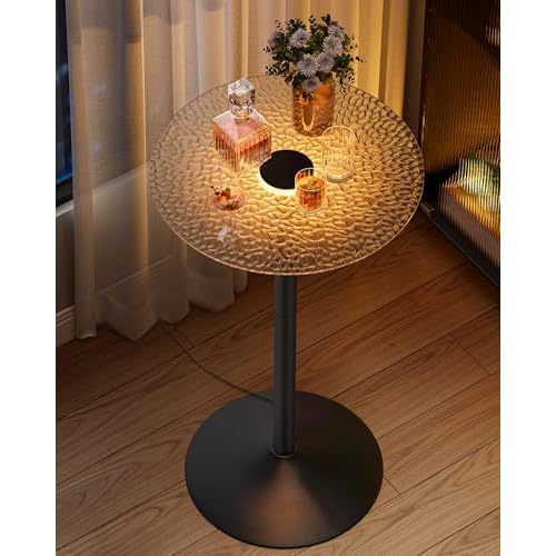 VASAGLE Round Bar Table, 41.3 Inches Tall Cocktail Pub Table with Multi-Colored Lights and Glass Top, Large Steel Base, for Kitchen, Bistro, Parties, Cloud White and Ink Black 1 Pack