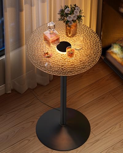 Image of VASAGLE Round Bar Table, 41.3 Inches Tall Cocktail Pub Table with Multi-Colored Lights and Glass Top, Large Steel Base, for Kitchen, Bistro, Parties, Cloud White and Ink Black
