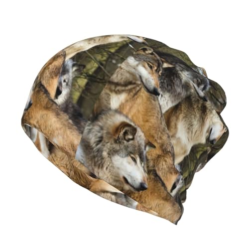 JIUTY Berretto multifunzionale con maschera per il viso con lupi colorati diversi, scaldacollo invernale per attività all'aperto, nero