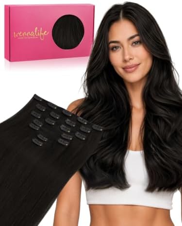 WENNALIFE Clip in Hair Extensions Real Human Hair, Seamless and Natural Blending, Soft & Tangle-Free, No Shedding, Adds Length & Volume Instantly, 18 Inch 120g 7pcs Natural Black