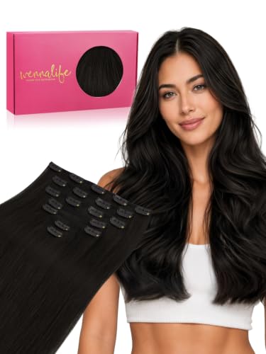 WENNALIFE Clip in Hair Extensions Real Human Hair, Seamless and Natural Blending, Soft &amp; Tangle-Free, No Shedding, Adds Length &amp; Volume Instantly, 20 Inch 120g 7pcs Natural Black
