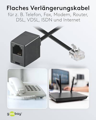 Goobay 68260 Modularanschlusskabel 6 Meter, Schwarz , RJ11/RJ14-Stecker (6P4C) auf RJ11-Buchse (6P4C)