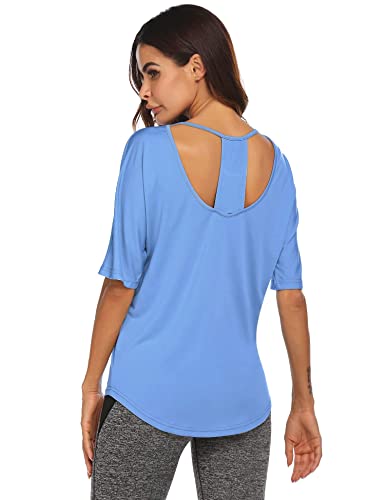 Cute Short Sleeve Workout Running Shirts Backless Activewear Tops For Women Clear Blue M #TOP2
