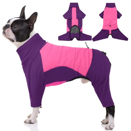 Image of BRKURLEG Full Body Dog Winter Coat Warm Fleece Pullover Pajamas, Four Legs Covered Windproof Dog Jacket for Small to Large Dogs, Turtleneck Dogs Snowsuit, Pet Cold Weather Clothes, Pink Purple M