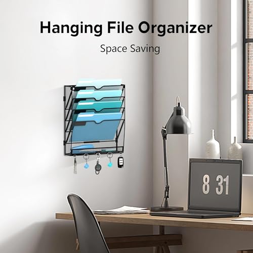 JMHUD 5 Tier Wall File Organizer - Hanging File Organizer with 5 Hooks, Mail Holder Wall Mounted for Papers, Folders, Magazines, Bills, Office&School Organization, Black