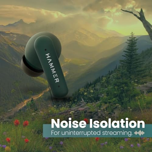 Image of HAMMER Airflow Plus TWS Earbuds with Bluetooth 5.1, Smart Touch Control, Type-C Charging, IPX4 Rated SweatProof, Stereo Sound, Upto 23 Hours Playback, Noise Isolation (Emerald Green)