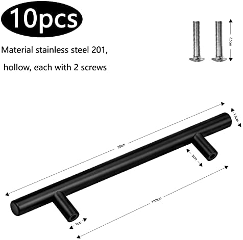 Aprilye 10 Pack T Bar Kitchen Door Handles Black 128mm/ 5 inch, Stainless Steel Cabinet Handle Furniture Drawer Pulls with Screws - Length: 200mm/ 7.87 inch