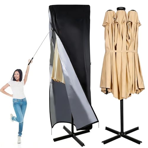 Patio Umbrella Parasol Cover, 420D Waterproof Outdoor Umbrella Covers, Fits 13-15 ft Double-Sided Large Umbrella, Garden, Top Vent, Zipper, Windproof Anti-UV