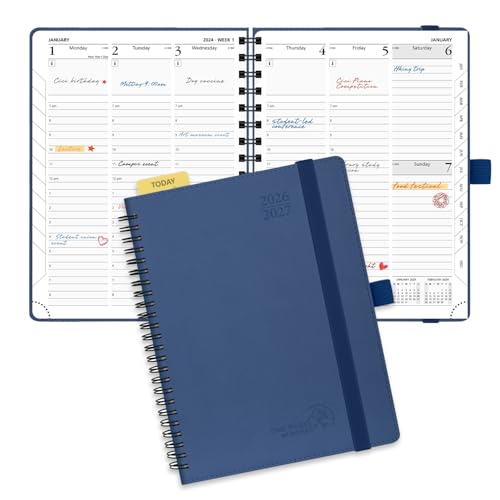 POPRUN Planner 2026-2027 (Medium - 6.5'' x 8.5'') Academic Weekly Calendar (July 2026 - June 2027) with Hourly Time Slots, Monthly Tabs, 100GSM Thick Papers, Spiral Leather Cover - Navy Blue