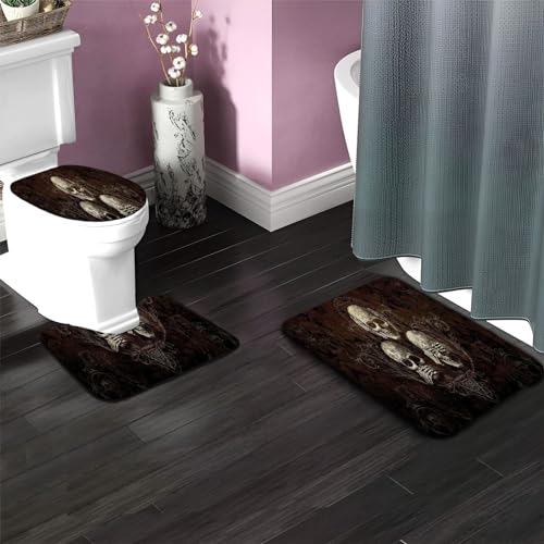 Badezimmerteppich Set 3 Teilig mit Toilettensitzbezug Mat U-Förmige Matte Totenkopf Schwarzes Muster Badematten Saugfähige Mikrofaser Flauschige Badteppiche, WC Vorleger Waschbar rutschfeste Teppich – Bild 5