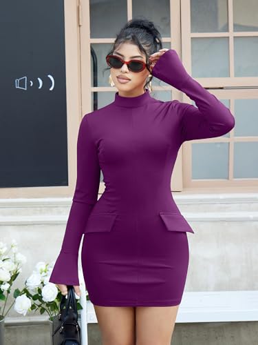 Image of YMDUCH Women's Long Sleeve Mock Neck Bodycon Mini Party Dress
