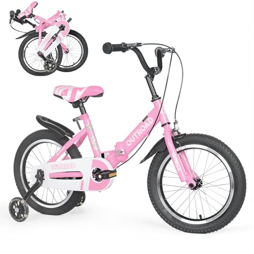 Outroad Kids Bike Foldable Children Bicycles for Boys Girls Age 4-7 Years, 14 16 18 Inch Toddlers Bike with Training Wheels, Foldable 16-inch Pink