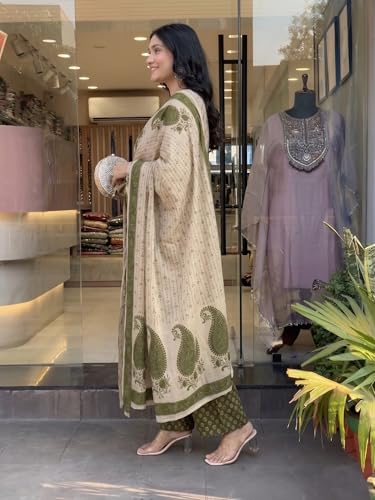 Image of Nermosa Women's Pure Viscose Block Printed Ethnic Wear Straight Kurta Set with Palazzo Pants & Dupatta | Kurta Set for Women | 3 Piece Set