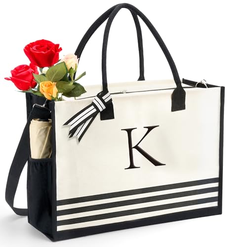 Personalized Initial Monogrammed Canvas Tote Bags, Gifts for Women Teachers Birthday Graduation Beach