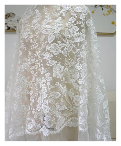 Tissu blanc broderie feuille de haute couture pour robe de mariée chic en dentelle fait main