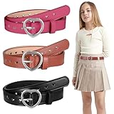 KAIOWPEIC 3 Stück Kindergürtel Mädchen, PU Verstellbare Herz Schnalle Taillengürtel, Herz Schnalle Leder Mädchen Gürtel, Kindergürtel für 6-12 Jahre Mädchen Hosen Röcke Jacken (Rose, Kamel, Curry)