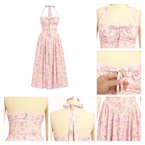 Floral Bustier Corset Dress Midi Long Dress Low Cut Halter Dresses Open Back Summer Dress Backless Corset Sundress Floral Y2K Dress Wedding Guest Dresses Casual Milkmaid Dress Pink Floral M