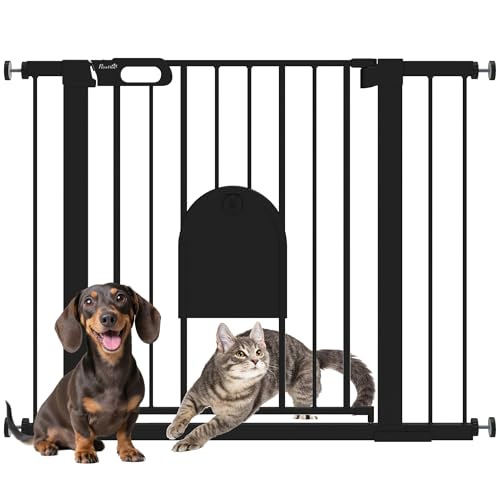 PawHut Cancellino per Cani Regolabile con Porta Piccola e Montaggio a Pressione, Barriera per Cani con Chiusura Automatica, 75-103x76 cm, Nero