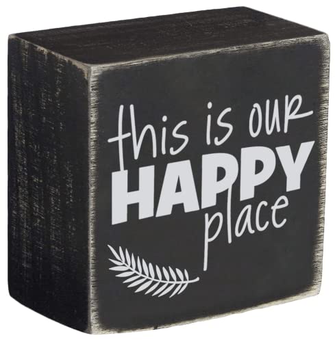 This Is Our Happy Place Classic Box Sign with Inspirational Quotes Desktop Wood Box Signs for Home Office Decor Signs 5x5 inch