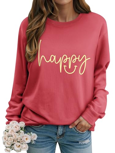 WIEIYM Women's Sweatshirts Happy Sweatshirt Letter Graphic Crewneck Sweatshirt Funny Long Sleeve Tops Basic Pullover for Spring Autumn Winter