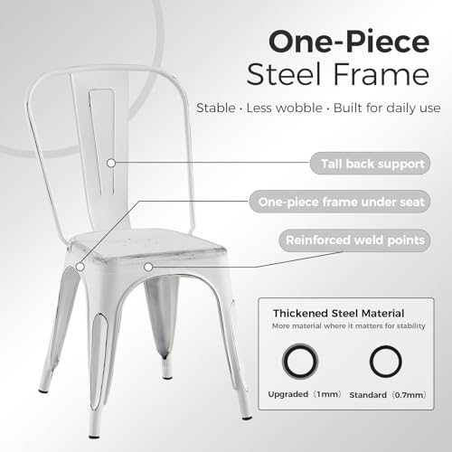 Image of Metal Dining Chairs with Back, Stackable, Distressed White, 12 Pack | Easy Assembly, Non-Slip Feet, 330 lb Capacity, Kitchen, Restaurant, Cafe, Pub, Covered Patio