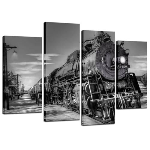 iHAPPYWALL 4 Panel Train Canvas Wall Art Vintage Black and White Steam Train Coal Burning Locomotive Wall Hanging Print On Canvas Car Pictures for Home Decoration Gift Ready to Hang