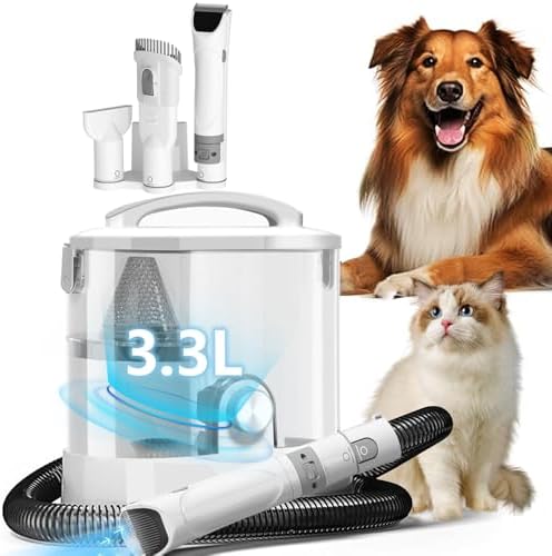 Pet Hair Vacuum for Shedding Grooming with Dog Clipper – Multipurpose Dog Grooming Kit with 3.3L Large Capacity Dust Box and Dryer Hair, 6 Pieces Grooming Tools for Dogs and Cats (Grey & 4 in 1)