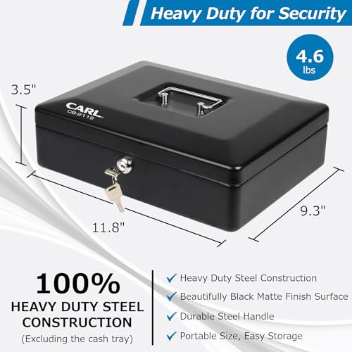 CARL, CUI82012, Bill Tray Steel Security Cash Box, Black 4\"x9\"