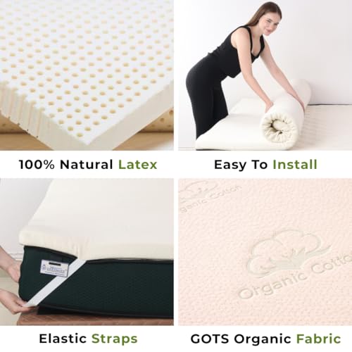 Image of Dreamzee 100% Certified Natural Latex Mattress Topper with Organic Cotton GOTS Fabric | Medium Comfort | 5 Year's Warranty | Mattress Padding Topper Queen Size (75x60x2 Inches)