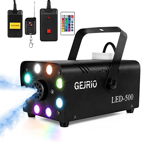 GEJRIO Fog Machine, 500W Smoke Machine with 16 Color Controllable Lights Effect, Automatic Fog Machine Outdoor with Wireless and Wired Remote Control for Christmas Halloween Parties & Stage
