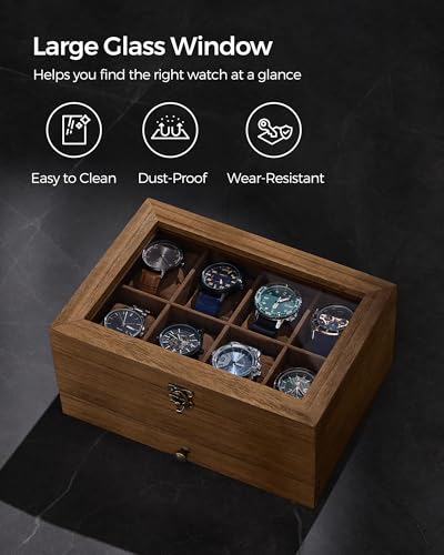SONGMICS Watch Box with 8 Slots, 2-Tier Wood Watch Case with Large Glass Lid, Watch Pillows, Velvet Lining, Jewellery Box, Gift for Loved Ones, Rustic Walnut JOW008K01 - 6